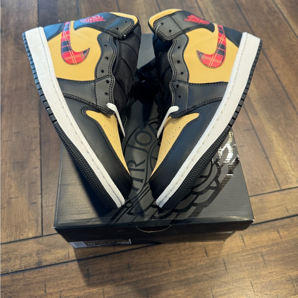 Nike Black and Yellow High-Top Sneakers with Plaid Swoosh